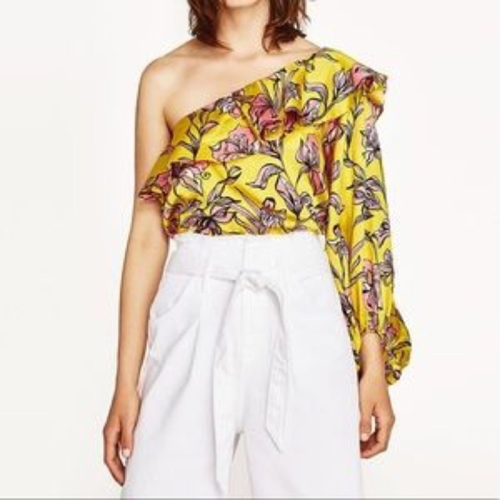 Zara Yellow Floral One Shoulder Ruffle Bodysuit - Picture 6 of 12